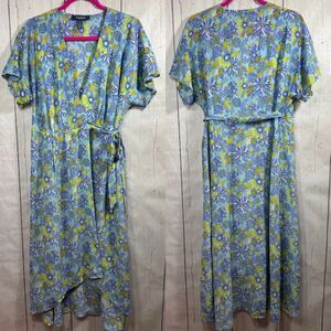 ModCloth Silk Floral Wrap Dress Blue Yellow Cottagecore Romantic Midi Feminine M